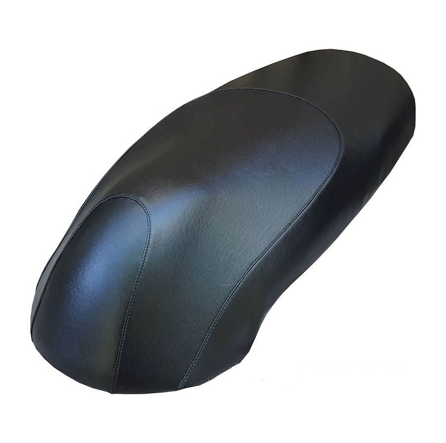 Overhead angled view of a black vinyl Kymco Like seat cover with a smooth finish and curved center seam, handmade by Cheeky Seats