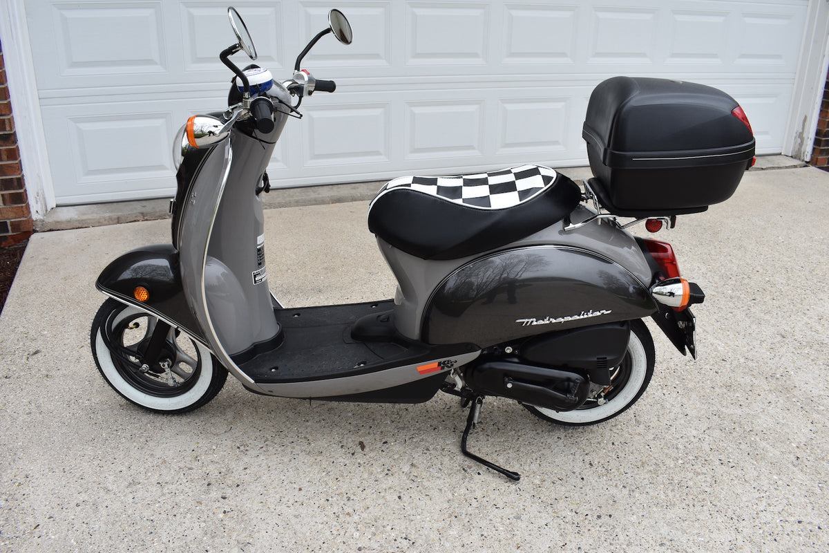Honda Metropolitan Checkers Seat Cover Handmade, handmade Honda Metropolitan seat cover by Cheeky Seats, product detail view 2
