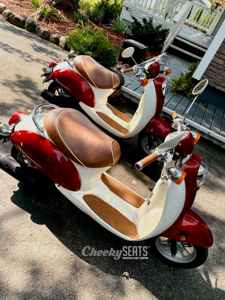 Honda Metropolitan Distressed seat cover with Piping, handmade Honda Metropolitan seat cover by Cheeky Seats, product detail view 2