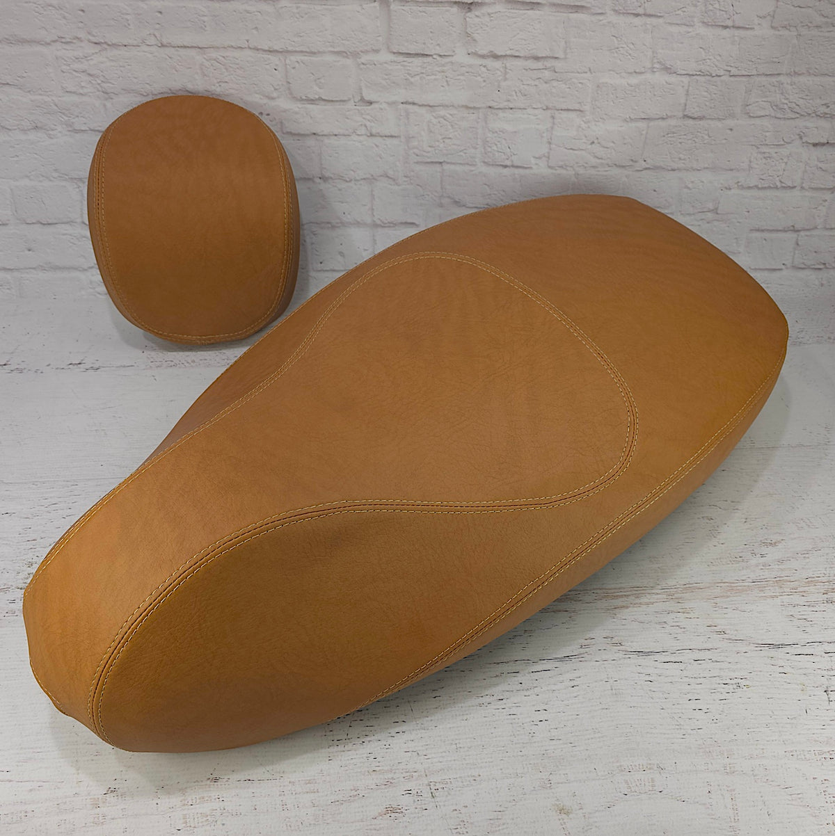 Vespa Sprint Primavera Seat Cover Golden Matte Saddle Tan French Seams by Cheeky Seats
