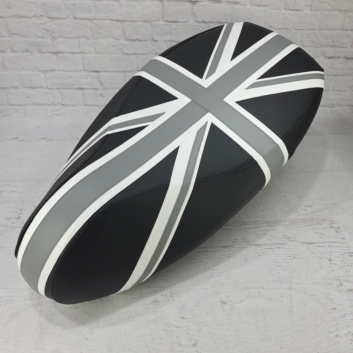 Vespa Sprint / Primavera Black and Gray Union Jack Seat Cover by Cheeky Seats
