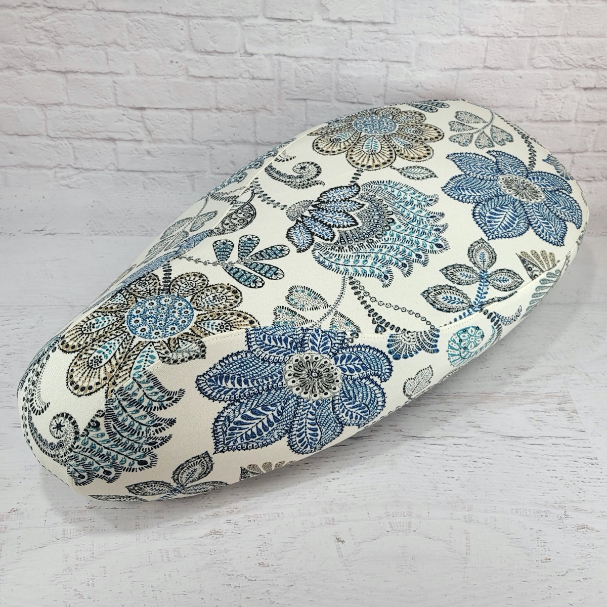 Blue and Cream Flowers stay-cool scooter seat cover with an intricate botanical pattern and tailored fit, handmade by Cheeky Seats.