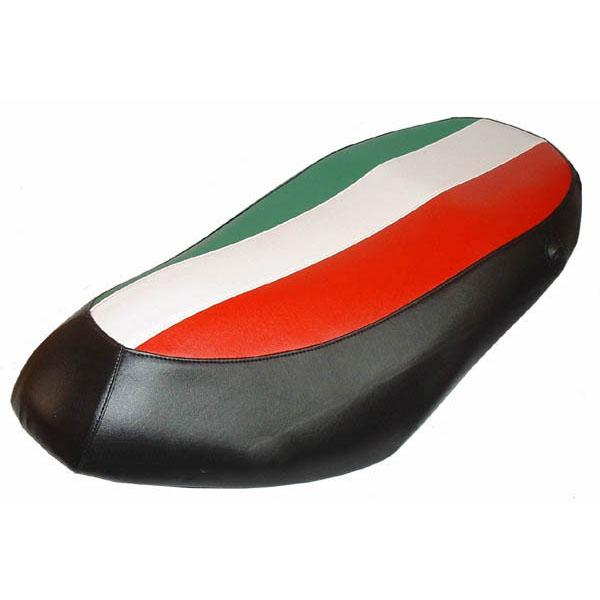 Green, white and red Italian flag Piaggio Fly 50–150 seat cover with black side panels, handmade by Cheeky Seats
