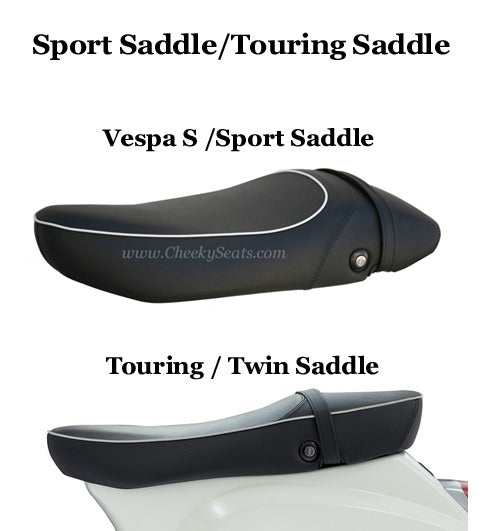 Vespa S sport saddle and Vespa S/LX touring saddle identification guide by Cheeky Seats