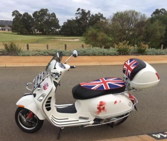 Vespa GTS with Union Jack seat cover by Cheeky Seats