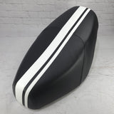 Black Cheeky Seats cover for a Genuine Buddy with dual white racing stripes, front studio view