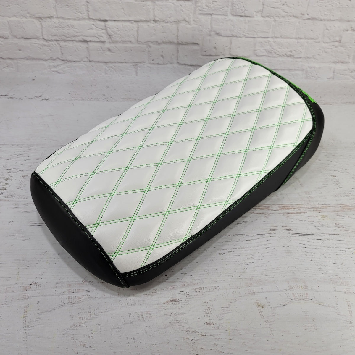 Maddog 50/150 white diamond seat cover with lime green accents  handmade by Cheeky Seats