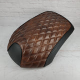 Espresso Brown diamond-quilted seat cover tailored for the Yamaha C3, XF50, Vox and Giggle, with black side panels, handmade by Cheeky Seats.