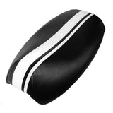 Dual Racing Stripes Yamaha Vino 125 seat cover with a black base and twin white center stripes, handmade by Cheeky Seats.
