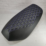 Black Double Diamond Yamaha Zuma 50 seat cover with a perforated quilted center and purple contrast stitching, handmade by Cheeky Seats.