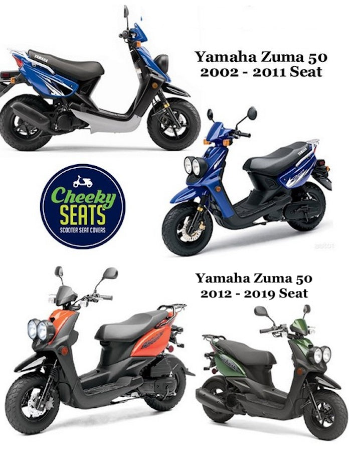 Yamaha Zuma 50 model guide showing the different seat shapes used for 2002–2011 and 2012–2019 scooters, from Cheeky Seats.