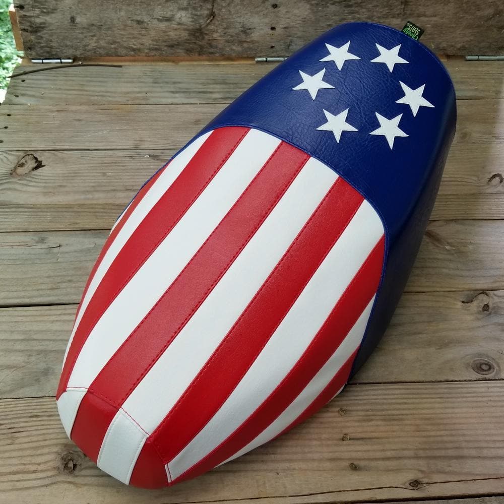 Cheeky Seats American flag cover for a Genuine Buddy seat with blue star field and red-white stripes