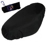 Black Cheeky Seats rain cover stretched over a Genuine Buddy seat beside its rolled storage pouch