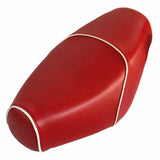 Lipstick-red Cheeky Seats cover for a Genuine Buddy seat with contrasting white piping