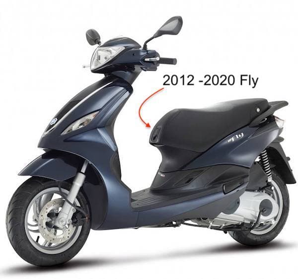 Dark blue 2012–2020 Piaggio Fly shown as the seat-shape reference for the Italian flag cover by Cheeky Seats