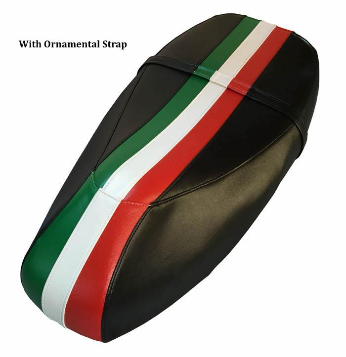 Vespa GT200 Italian racing stripe seat cover with matching strap