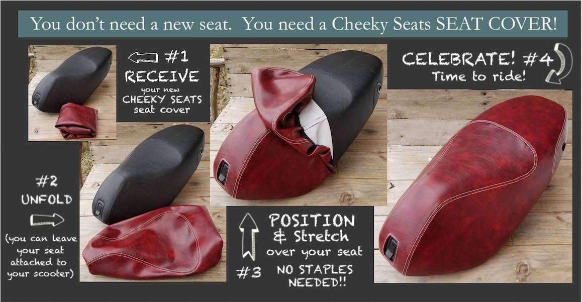Staple-free installation guide for a Piaggio Fly dual racing stripe seat cover by Cheeky Seats